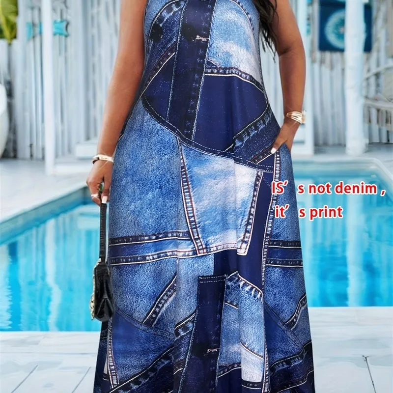 Plus Size Faux Denim Patchwork Print Maxi Dress, Spaghetti Strap, Scoop Neck, Loose Fit Sundress with Side Pockets