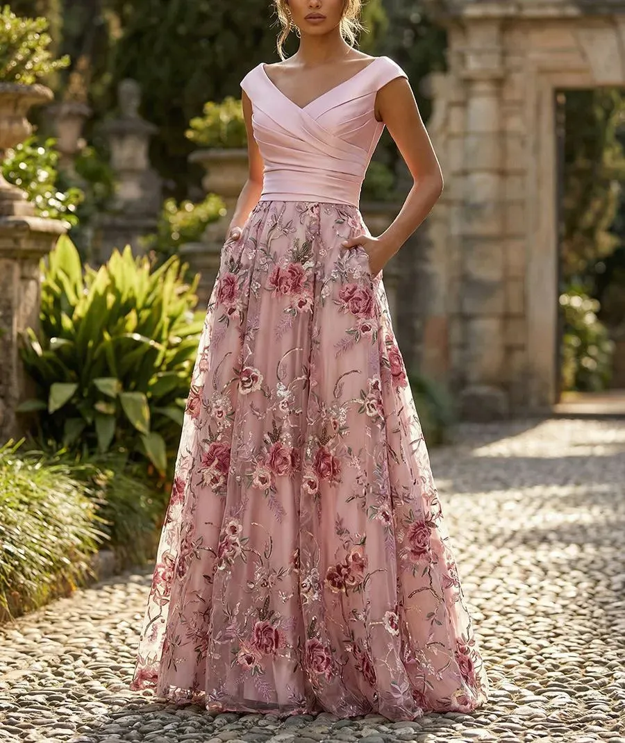 Elegant Long Satin Pink Evening Dress with Pockets