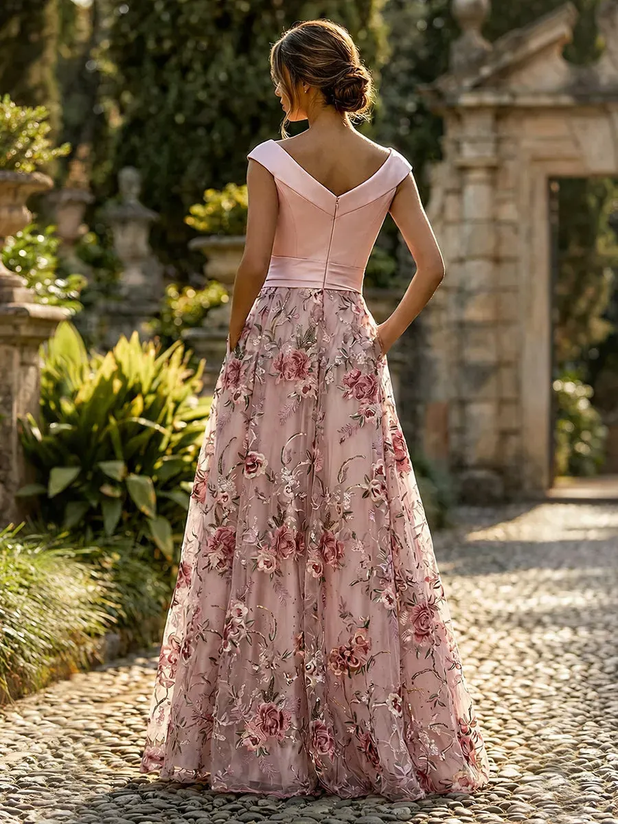 floor length holiday dress Elegant Long Satin Pink Evening with Pockets Home Coming