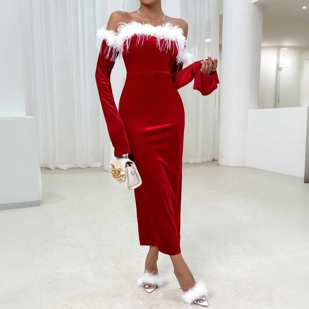 long sleeve velvet cocktail dress Elegant Tea-Length for Wedding Guests Plum_L_Clearance long sleeves with ruffled Long dress with sheer SIZE:11