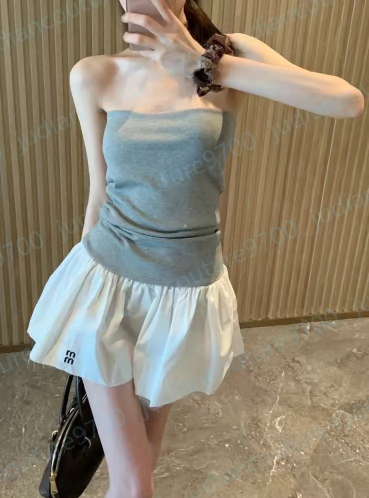 strapless knit skort dress Designer Bandeau Top and Pleated Mini Skirt with Embroidery, Womens Summer Beach Vacation Outfit, Gray Splicing Style High Stretch