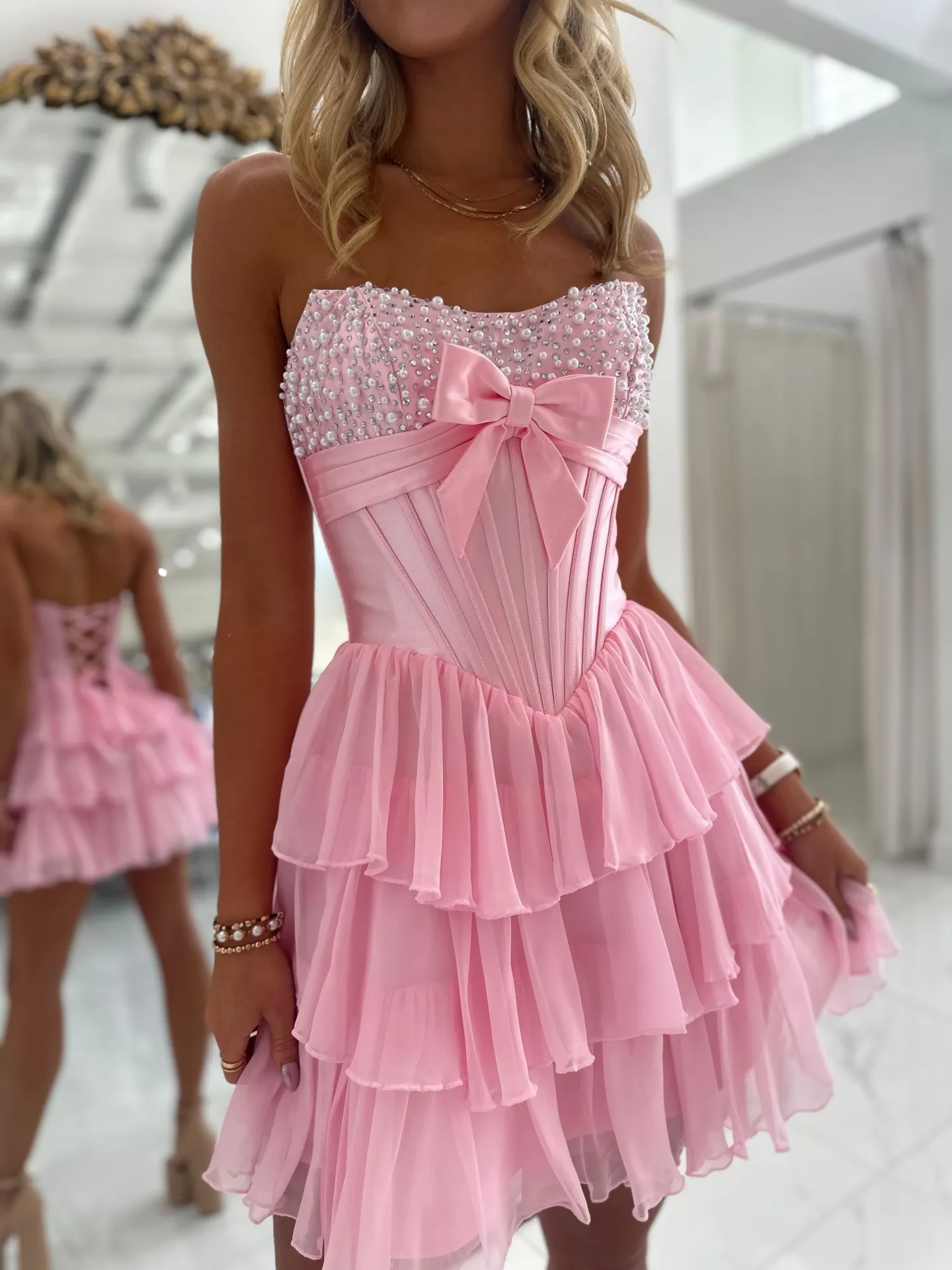 Beaded Ruffle Pink Lace Up Homecoming Dress For Teen... From Fashion_google, Rs.9,509.41