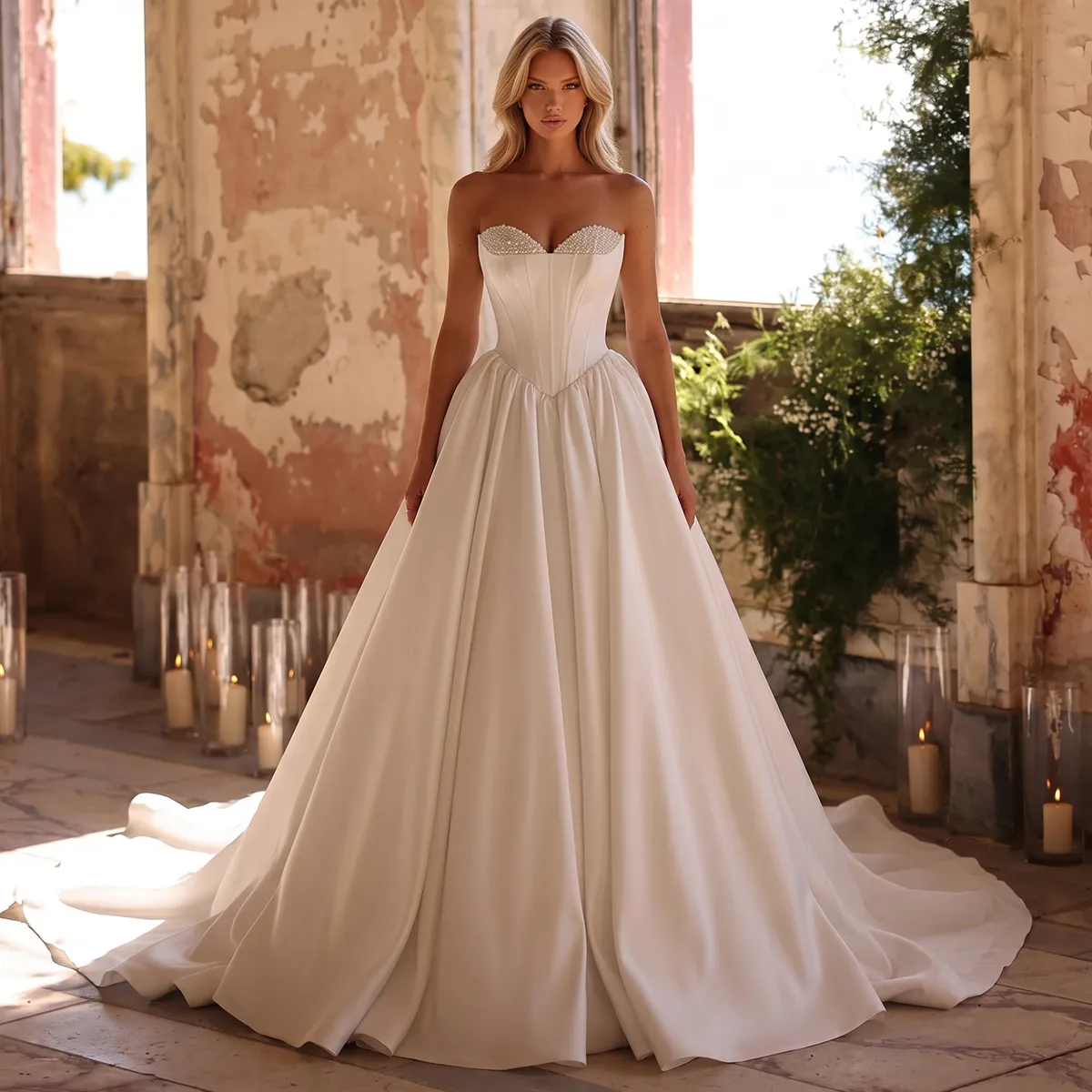 beaded wedding dress with long train Satin Train, Pleated Sweetheart Neckline Bridal Gown, Ball Gown for Bride, Bridal Party Vestidos Novia Features intricate Beading and