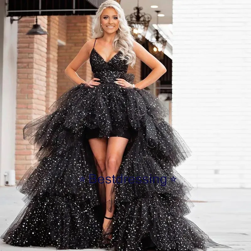 black poofy homecoming dress High-Low Spaghetti Strap Dress, Backless Ball Gown with Tulle Skirt, Special Occasion Party Garment Fit:BODYCON