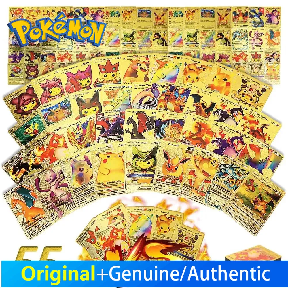 pokemon vmax gold cards Pack of 55 for Pokemon, Vstar Gold Foil Cards with Deck Box, Gold-Plated Card Including Various Rare Foil Cards (7Vstar + 29Vmax + 16V + 2GX+1PHASE), V Assorted Cards The item available is listed in the Title 165Pcs Pokemon Gold Foil Card