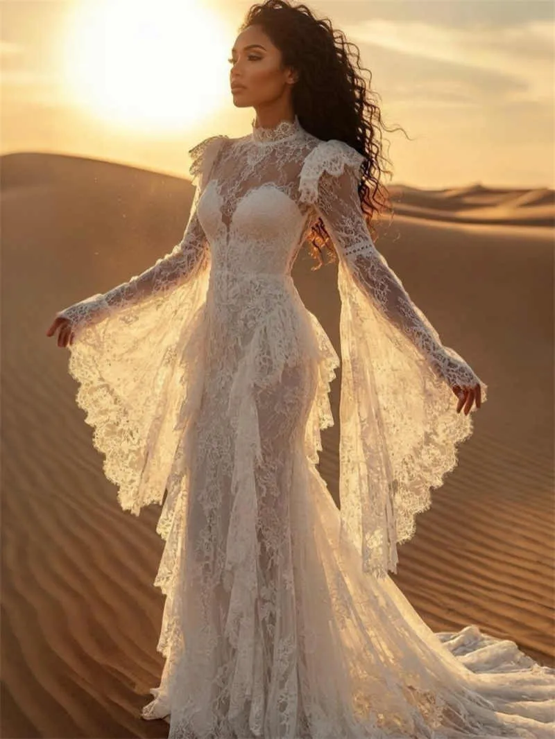 boho wedding dress high neck Elegant A-Line Dress, Champagne Lace Long Sleeve Bridal Gown David's Bridal Dresses Wisteria casual summer maxi dresses Size:M (US 12) A romantic ivory boho