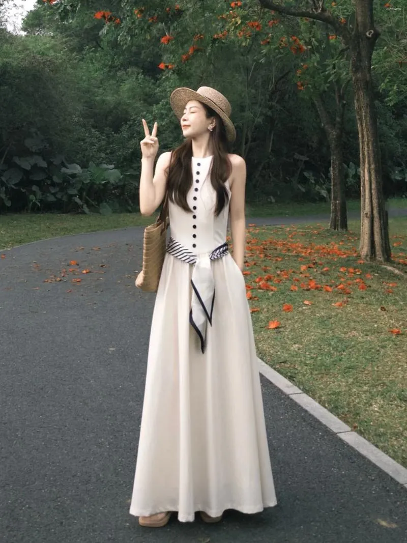 Casual Sleeveless Women's Dress, Slimming Waist Design, Comfortable Fit A-Line Skirt, White, Long Dress for Spring Summer