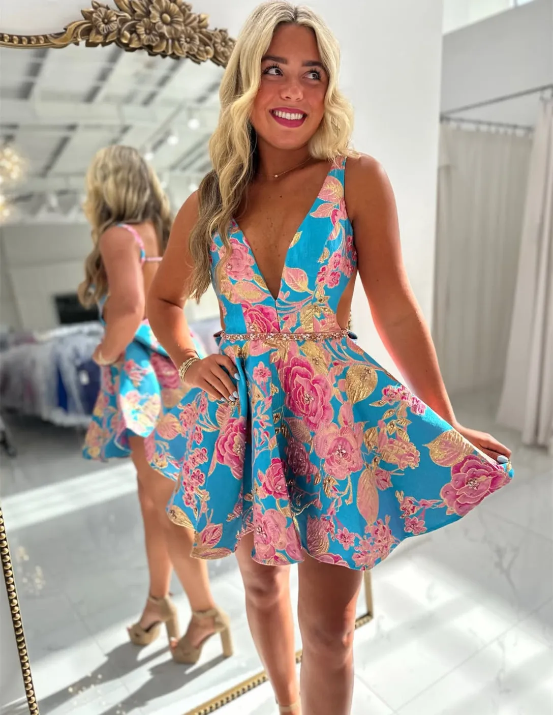 Elegant Short Floral Satin Homecoming Dress With... From Dyy_dress88, Rs.7,434.43