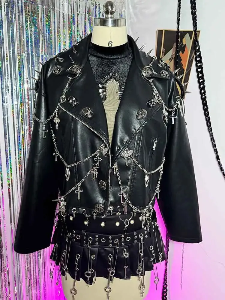 90s Gothic Y2K Vegan Leather Skull Studded Jacket From