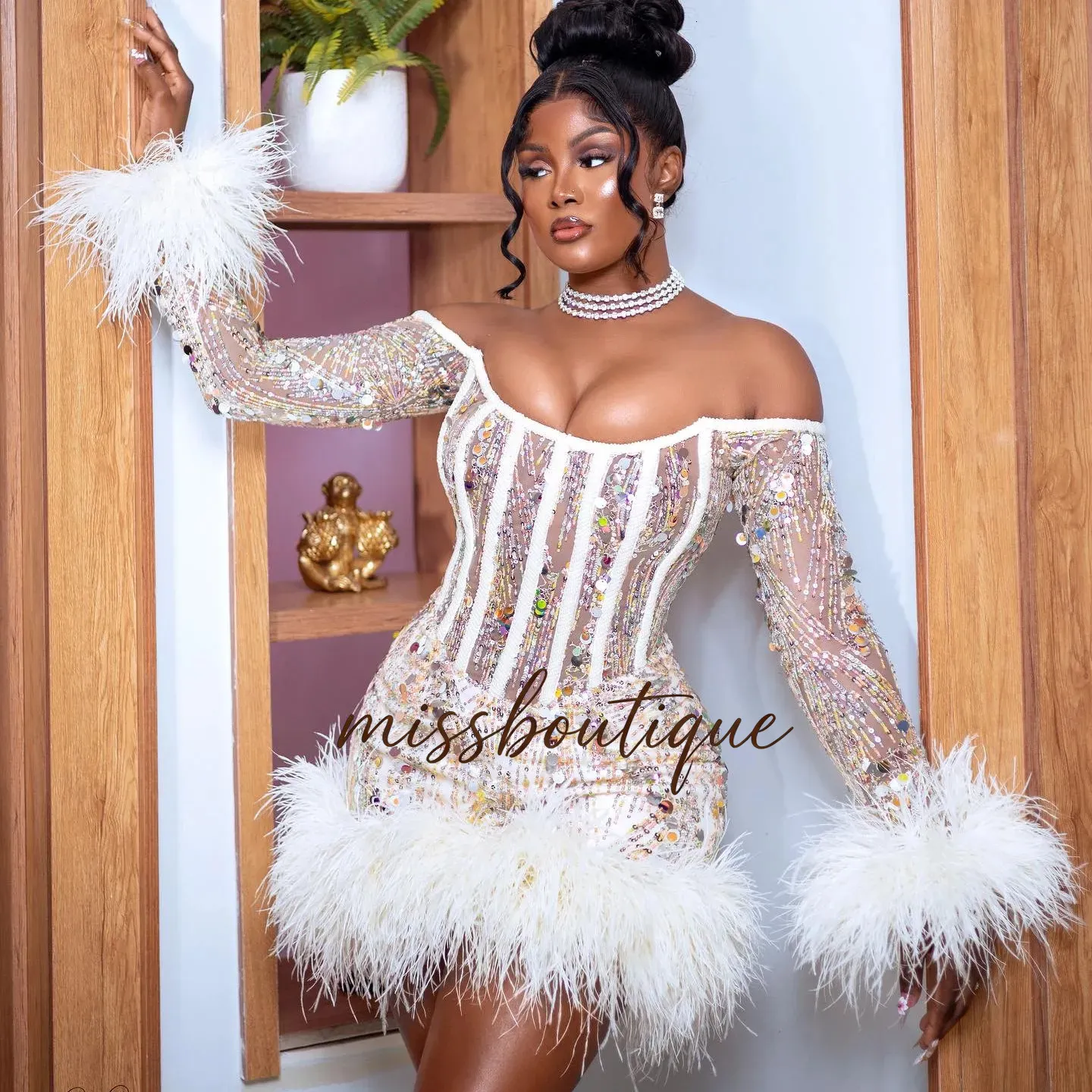 White Mermaid Homecoming Dress Sequined Feather... From Missboutique, Rs.12,777.8