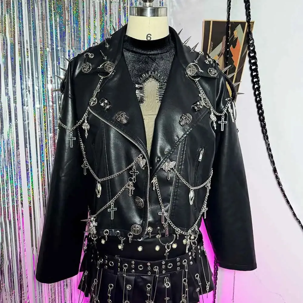 90s Gothic Y2K Vegan Leather Skull Studded Jacket From