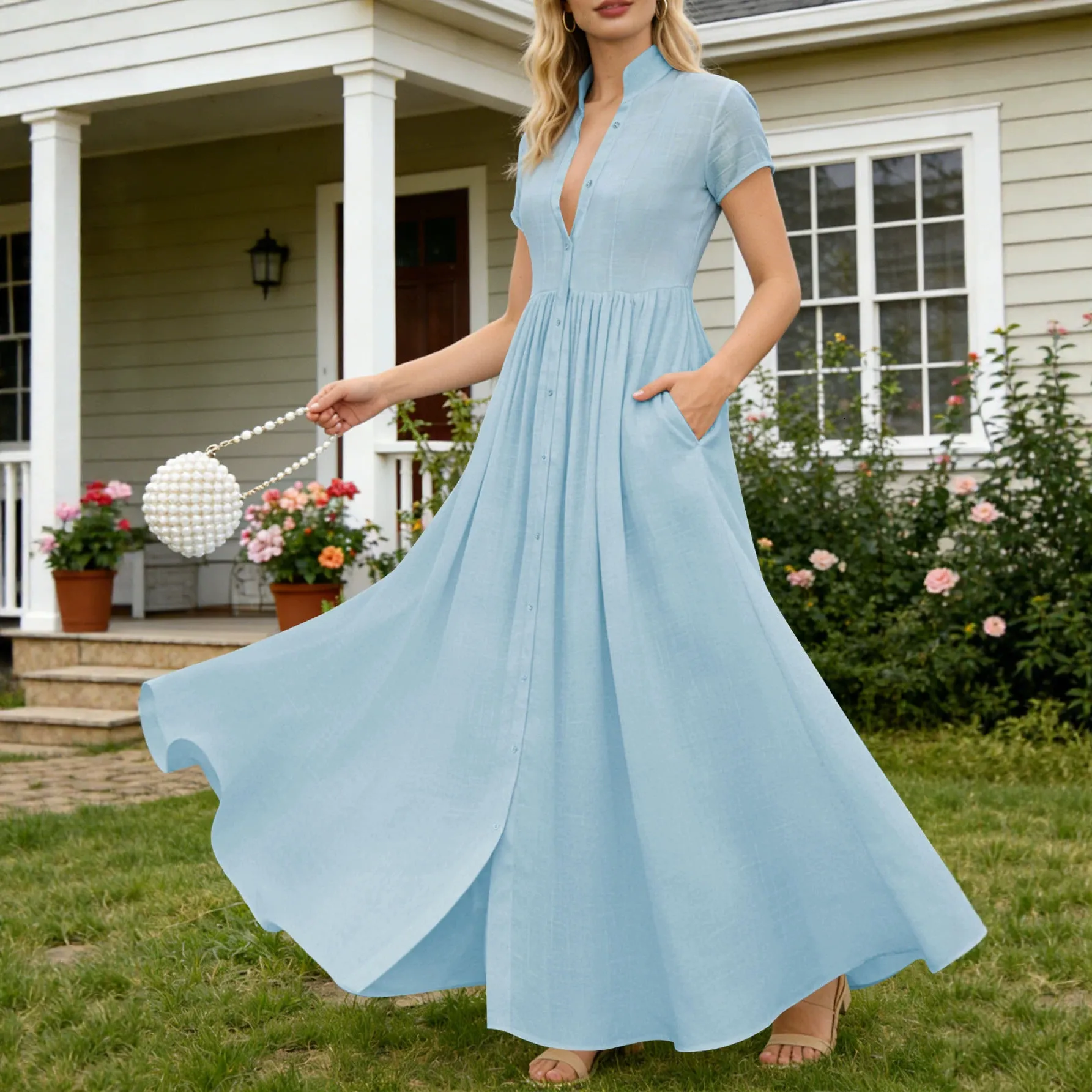 Elegant Stand-Collar Long Dress, High Waist Pleated Design with Flowing Skirt