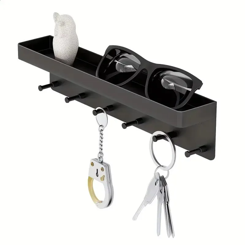 Rustic Wood Key And Mail Holder Wall Organizer – 6 Hooks, Storage Shelf, Black Finish