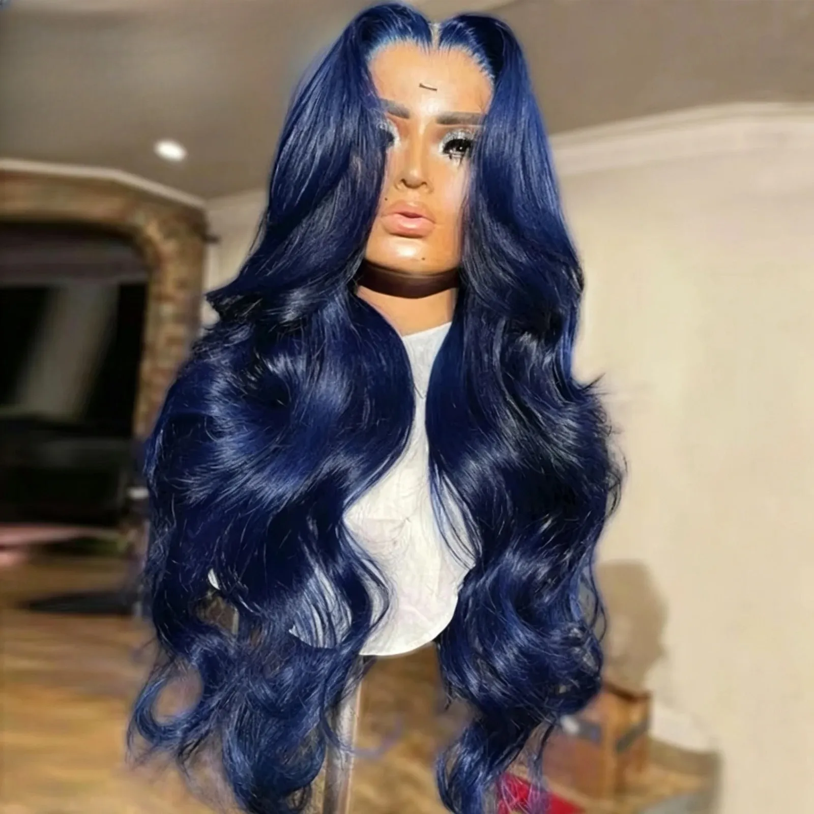 Blue Body Wave Human Hair Blue Lace Front Wig With... From 
