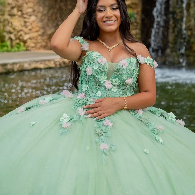 pea green dress Fresh Quinceanera for 15-Year-Old Girls, Layered 3D Floral Appliques, Gradient Sheer Tulle, Full Round Floor-Length Skirt prom dress customize options