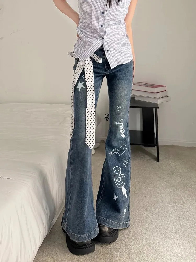 Y2K Cartoon Print Mid Waist Flared Best Wide Leg... From Qiyuan03 