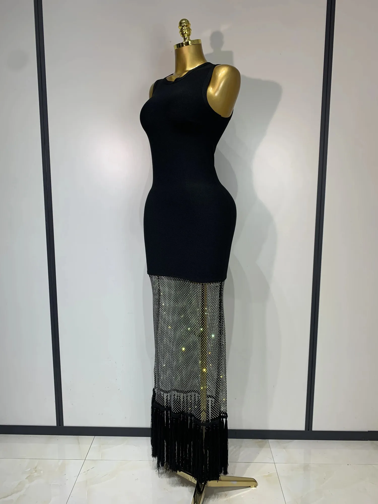 Black Sleeveless Sparkly Diamond Tassel Bandage Dress... From Hui01, Rs.5,570.24 In Bulk