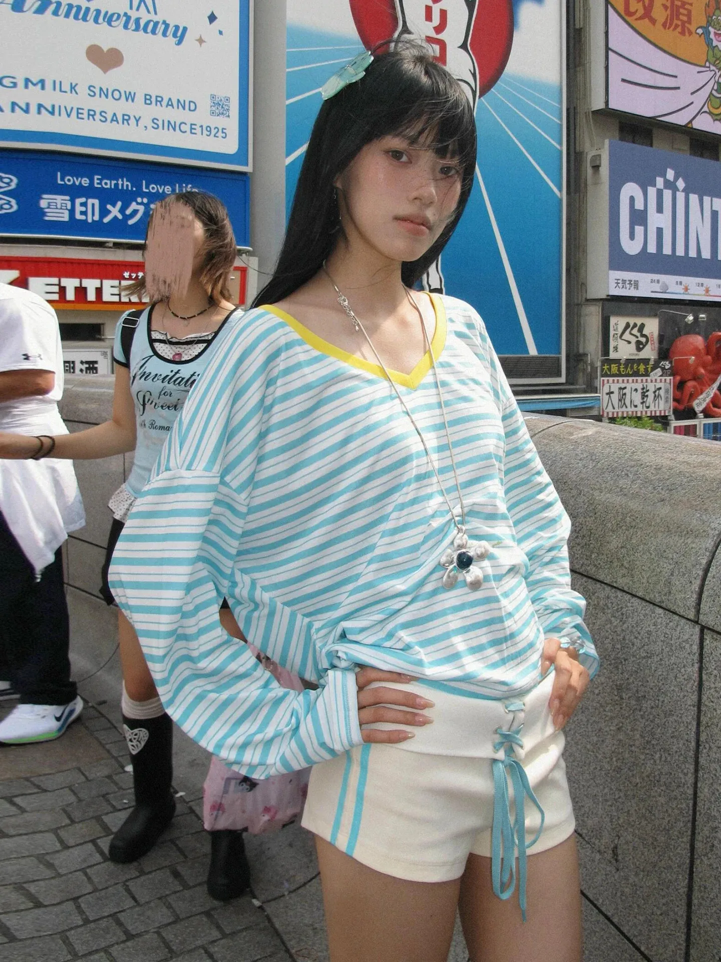 Japanese Y2K Blue Striped V Neck Long Sleeve T Shirt From