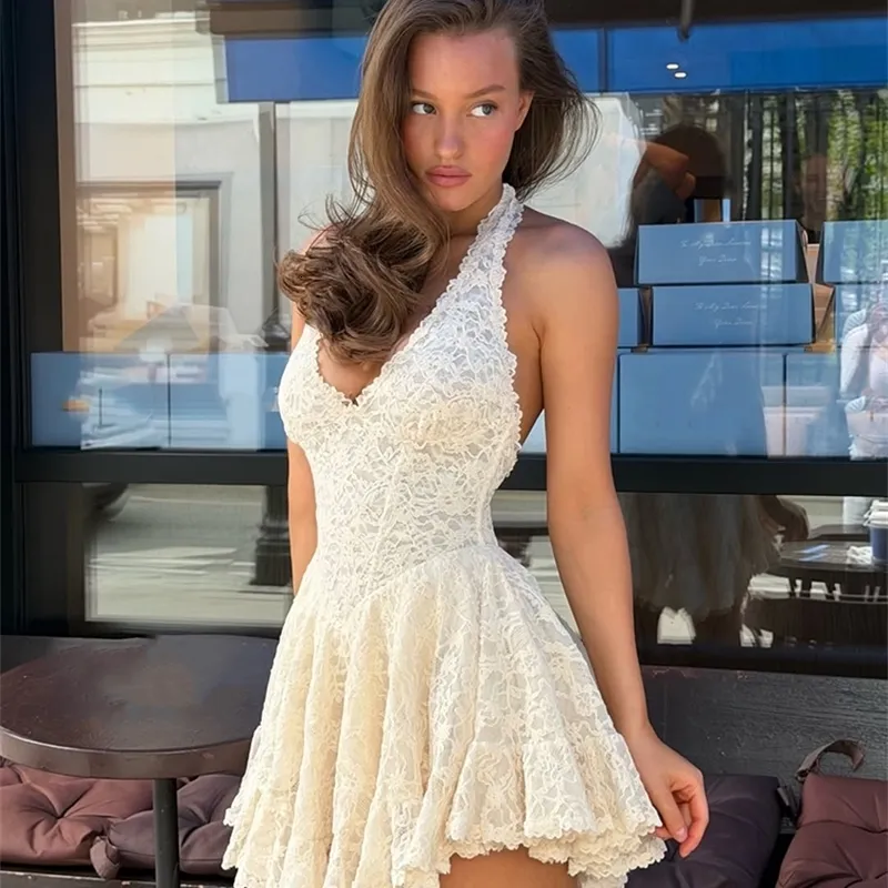 lace halter mini dress Womens Dress, Sexy Deep V Backless, Ruffle A-Line Skirt, Slim Fit Summer Cocktail Party Outfit _okendo:syndication_key:CL136297079