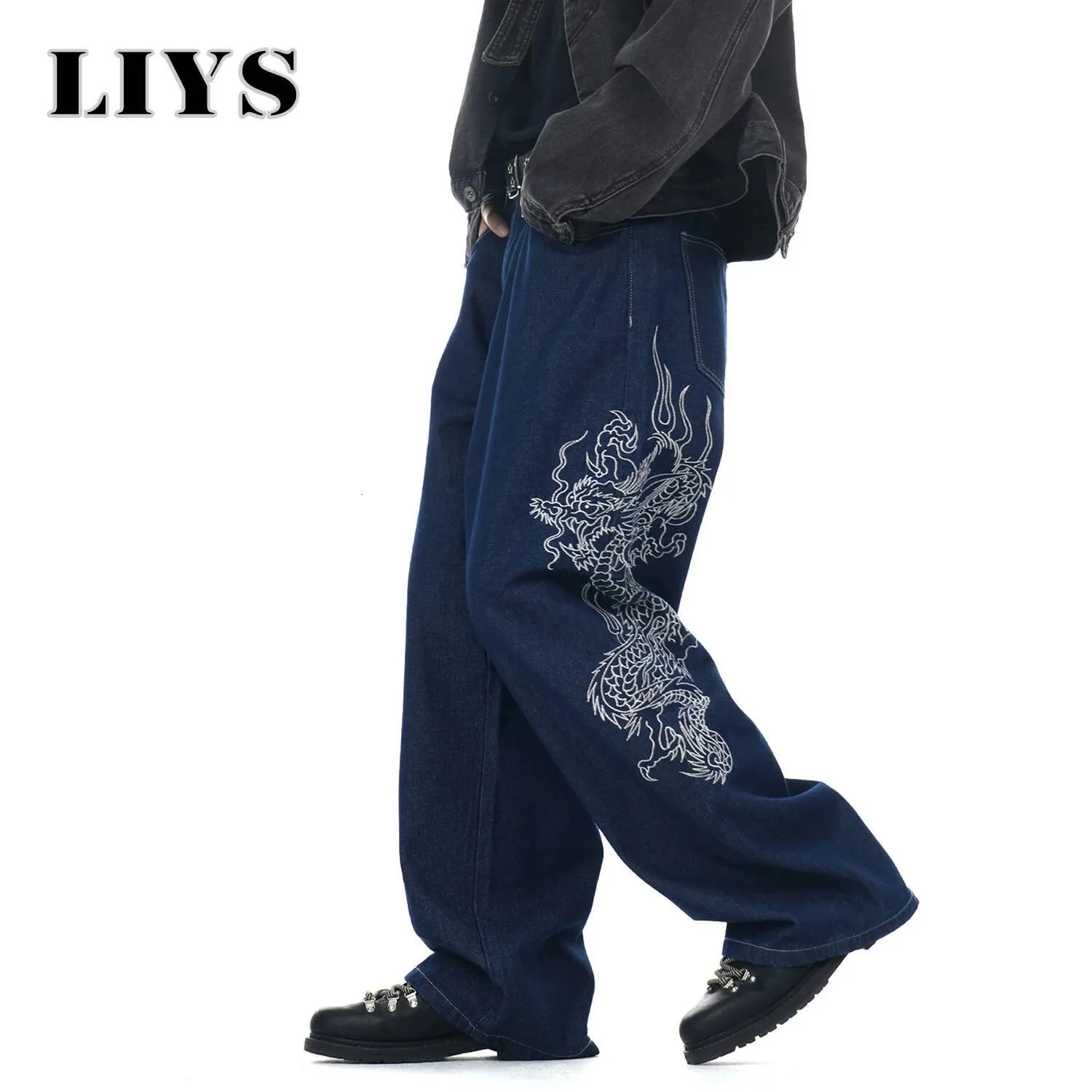 Mens Dragon Embroidered Wide Leg Jeans, Classic Blue... From 