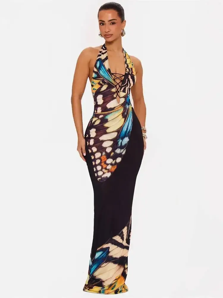 butterfly halter dress Mozision Women Maxi Dress, Deep V Neck, Bodycon Fit, Sleeveless Backless Design YGroup_colourway-raleighskirt