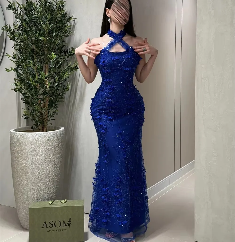 royal blue halter dress Formal Prom 3D Floral Lace... From Donnaweddingdress26, Rs.12,039.92 Size:13 years (158 cm)