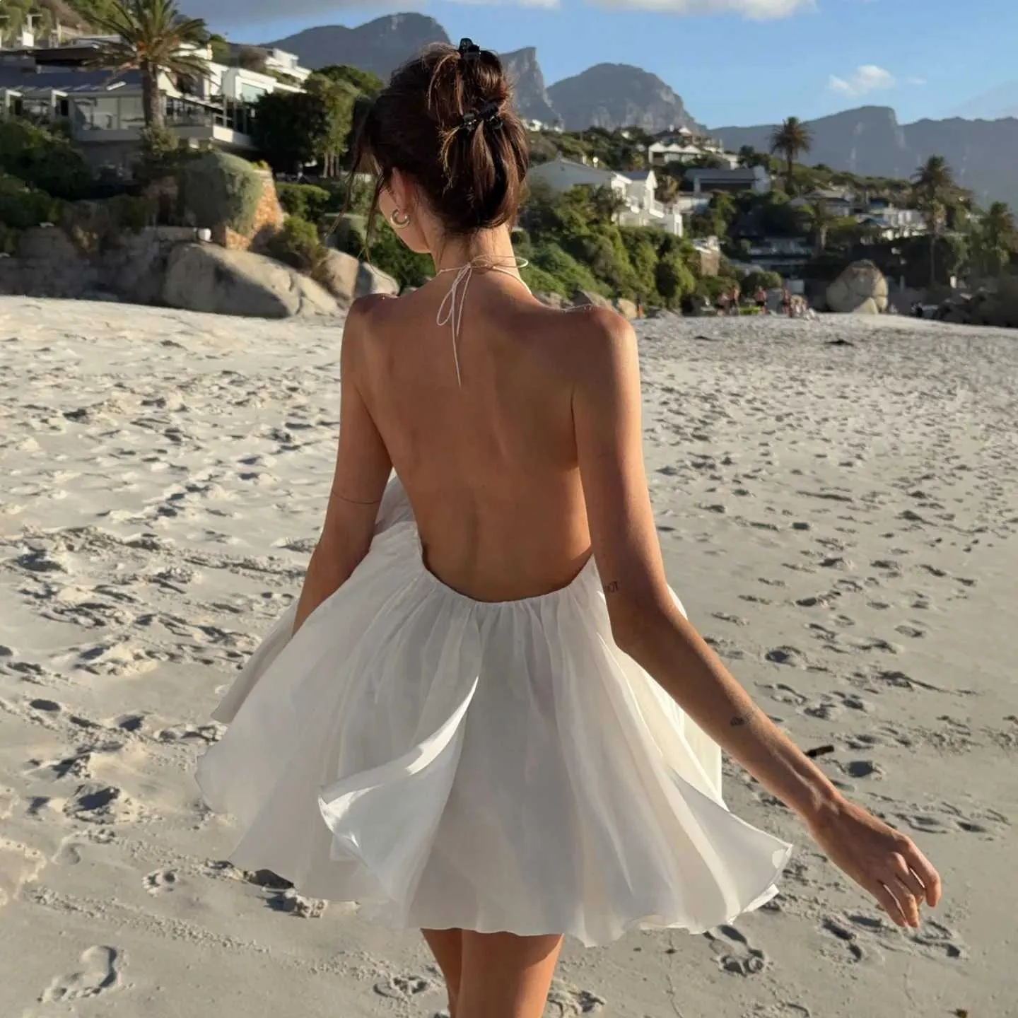 halter neck backless mini dress in white Dress, Sexy Summer Beach Outfit for Women, Vacation Style flattering dress thanksgiving outfit V-Neck Black Sequins Mermaid Color:Fawn