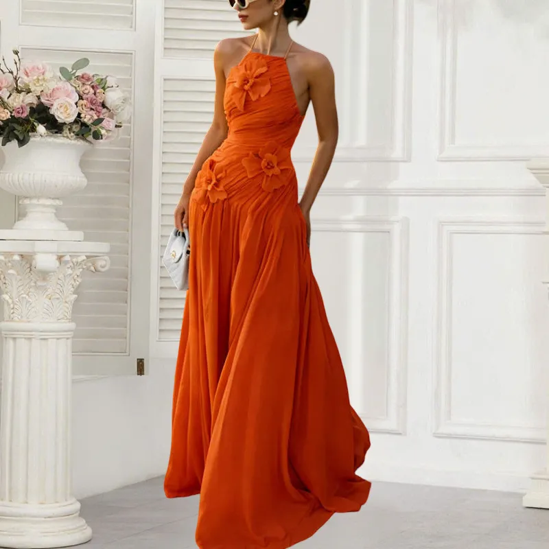 orange halter prom dress Sleeveless Dress, 3D Flower... From Donnaweddingdress12, Rs.11,705.05 green velvet dress