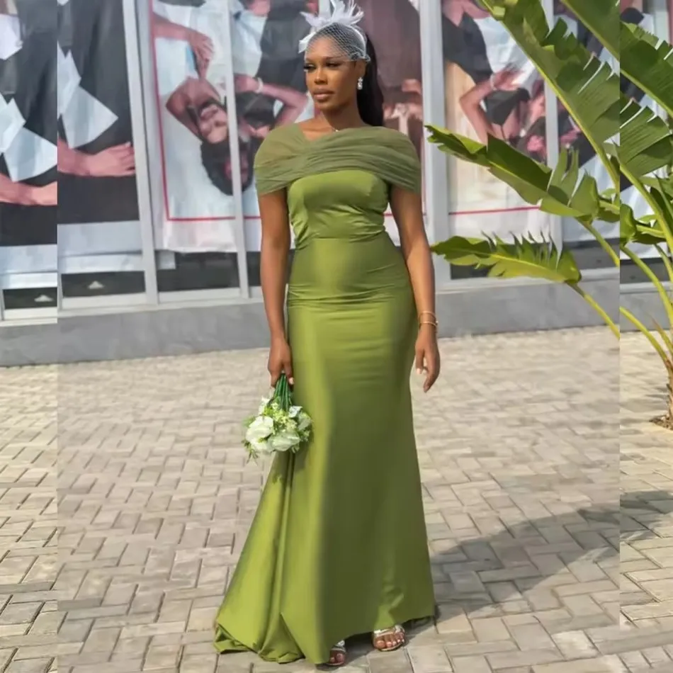 Olive Green Off Shoulder Satin Mermaid Bridesmaid... From Charm_custom_dress, Rs.6,993.63