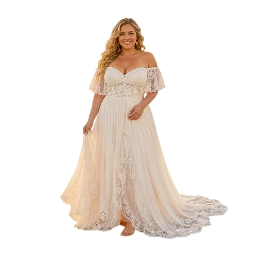 Plus Size Boho Off The Shoulder Wedding Dress, Short... From Chicweddings, Rs.11,623.72