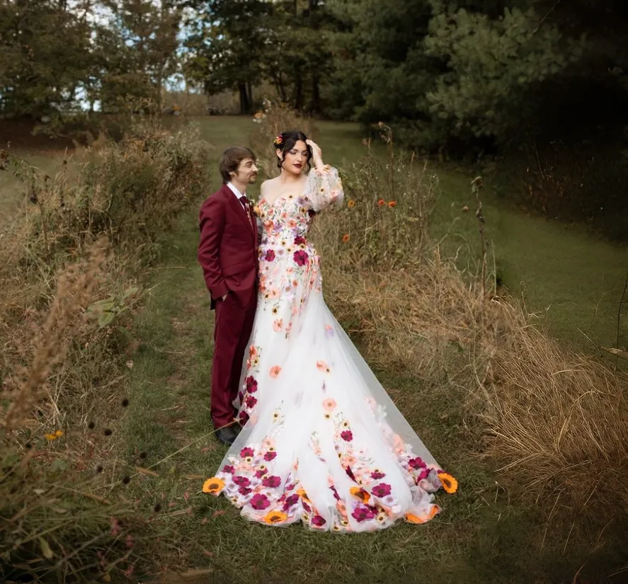 Off Shoulder Puff Long Sleeve Boho Wedding Dress,... From Chicweddings, Rs.15,009.32