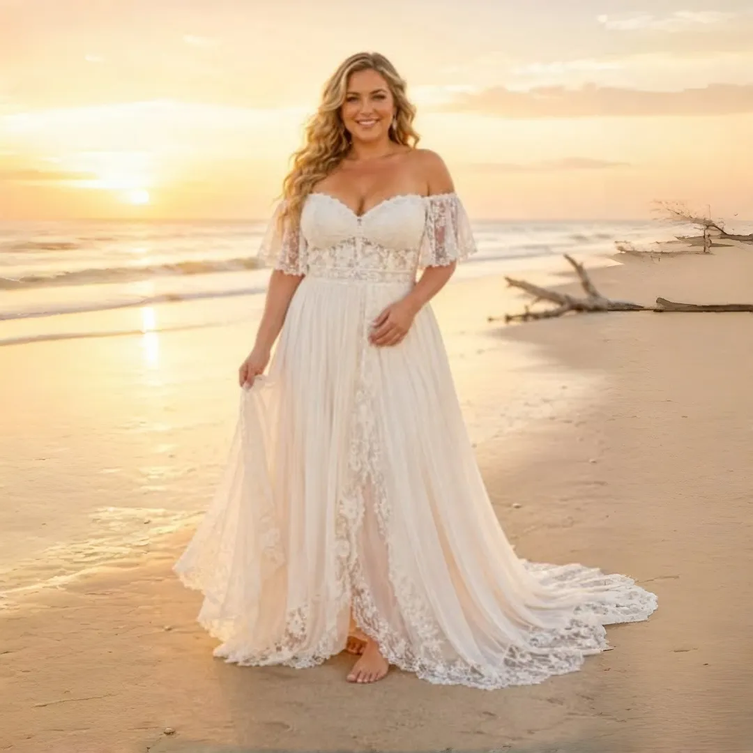 short beach plus size wedding dresses Boho Off-the-Shoulder Dress, Lace Sleeves, Front Slit, Flowy Tulle Skirt, Lace Long Train Bridal Gown, Custom Made line wedding dress
