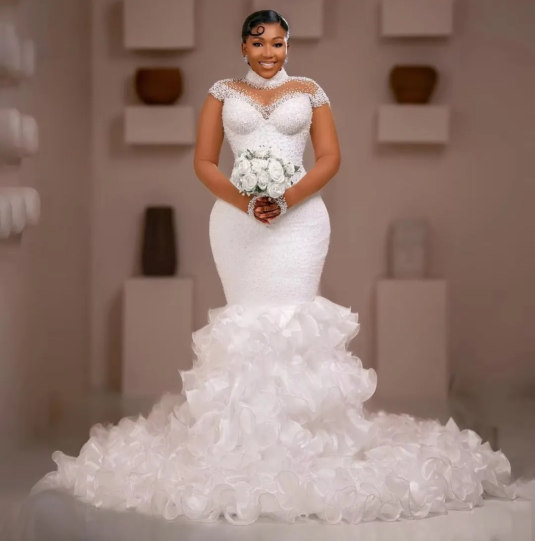 Plus Size Sparkly Crystal Beaded Wedding Dress, High Neck Organza Tiers Bridal Gown for Bride, African Style Vestidos De Noiva