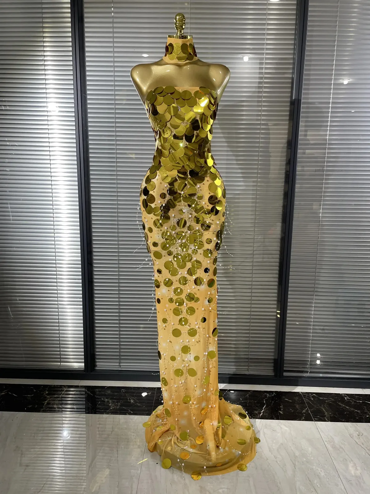 see through dress gold Silver Golden Sequined Strapless Mesh Through... From Yiwang10, Rs.6,845.36 Hierarchy:Meshki Formal