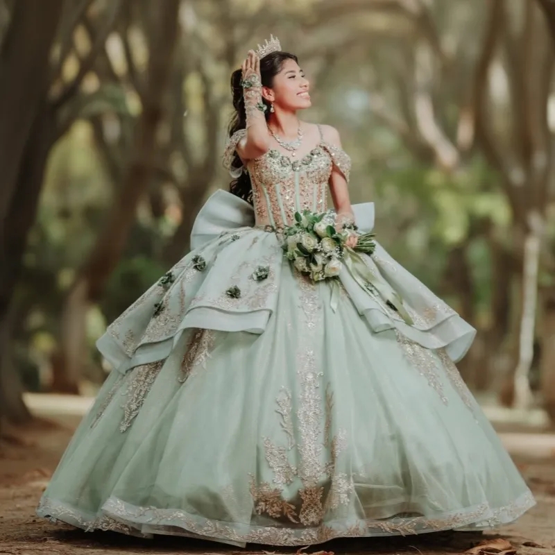 Forest Secret Light Green Quinceanera Dress, Heavy Gold Leaf Lace, All-Over Sparkly Tulle, Double-Layer High Waist, Slim Fit for 15th Birthday 