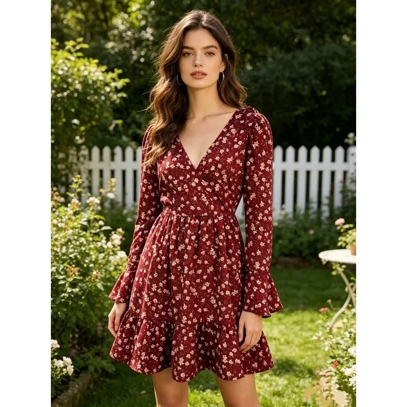 Womens Burgundy Floral Mini Dress, V Neck Wrap, Long... From Mu007, Rs.1,130.2