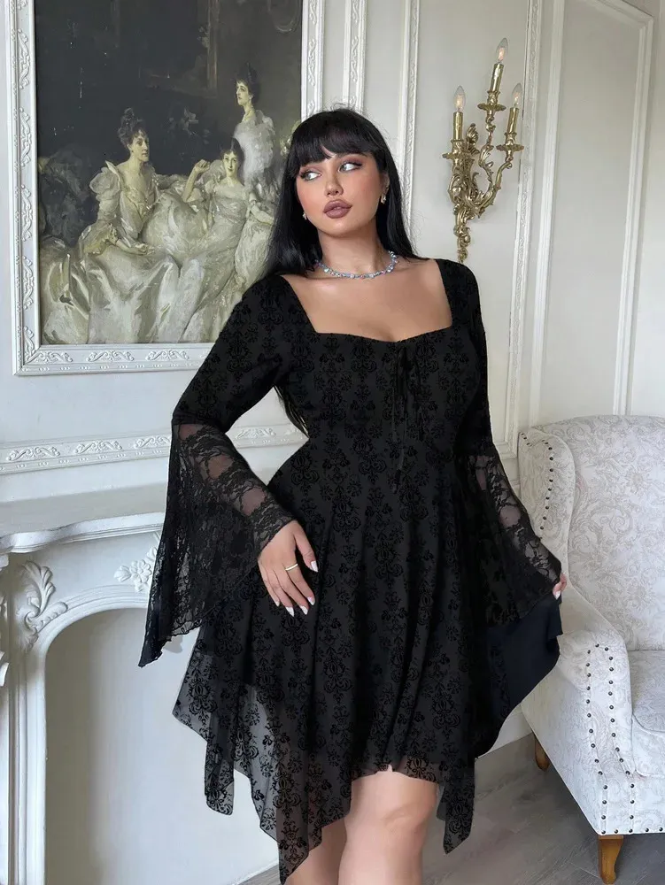 Plus Size Women's Y2K Style Jacquard Knit Dress, Fleece-Like Stretch Fabric, Drawstring Waist, Bell Sleeves, Ruffled Hem, Casual and Elegant