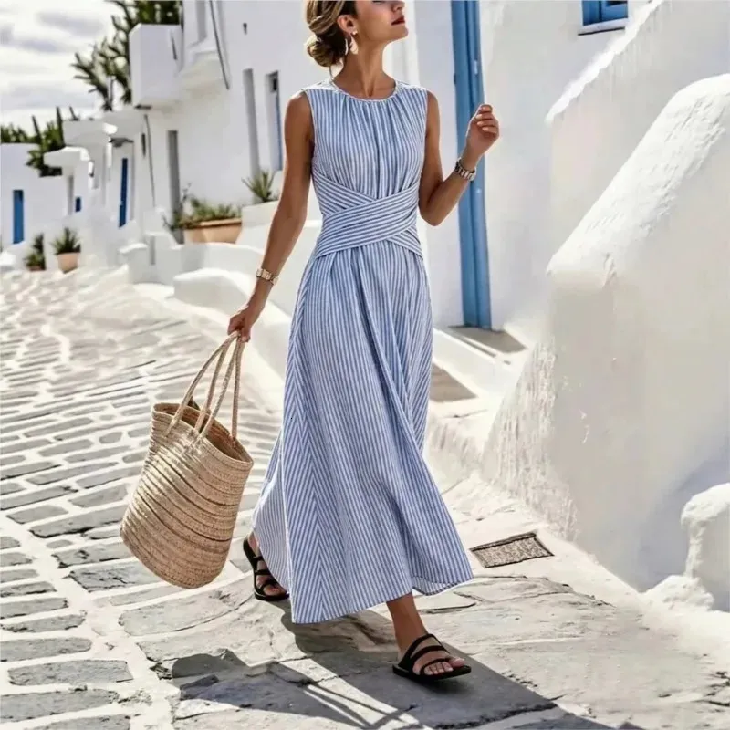 beach vest dress Striped Sleeveless Maxi for Women, Round Neck, Long Waist Style Robe Outfit, Summer Beachwear Lace