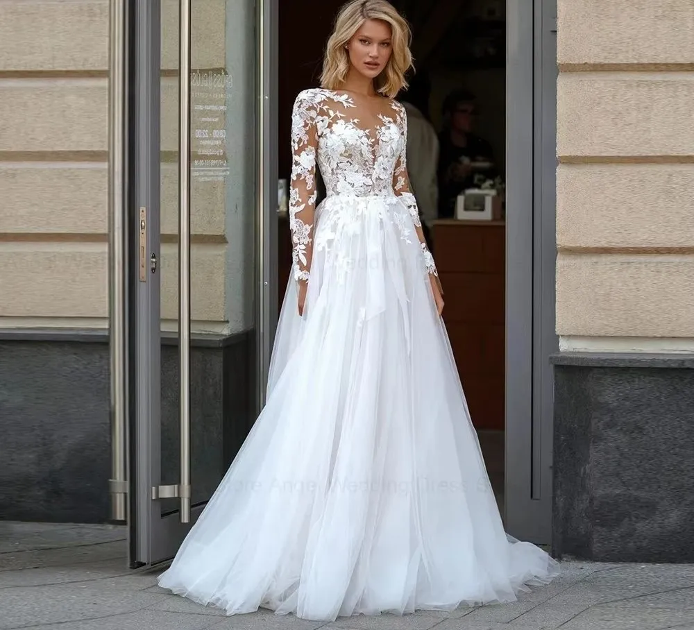 a-line scoop long sleeves floor-length with applique tulle dresses Elegant A Line Lace Wedding Dress, Customized Scoop... From Donnaweddingdress12, Rs.12,563.88 Colour:MINT Neckline_One Shoulder KissProm Detachable Floral Princess