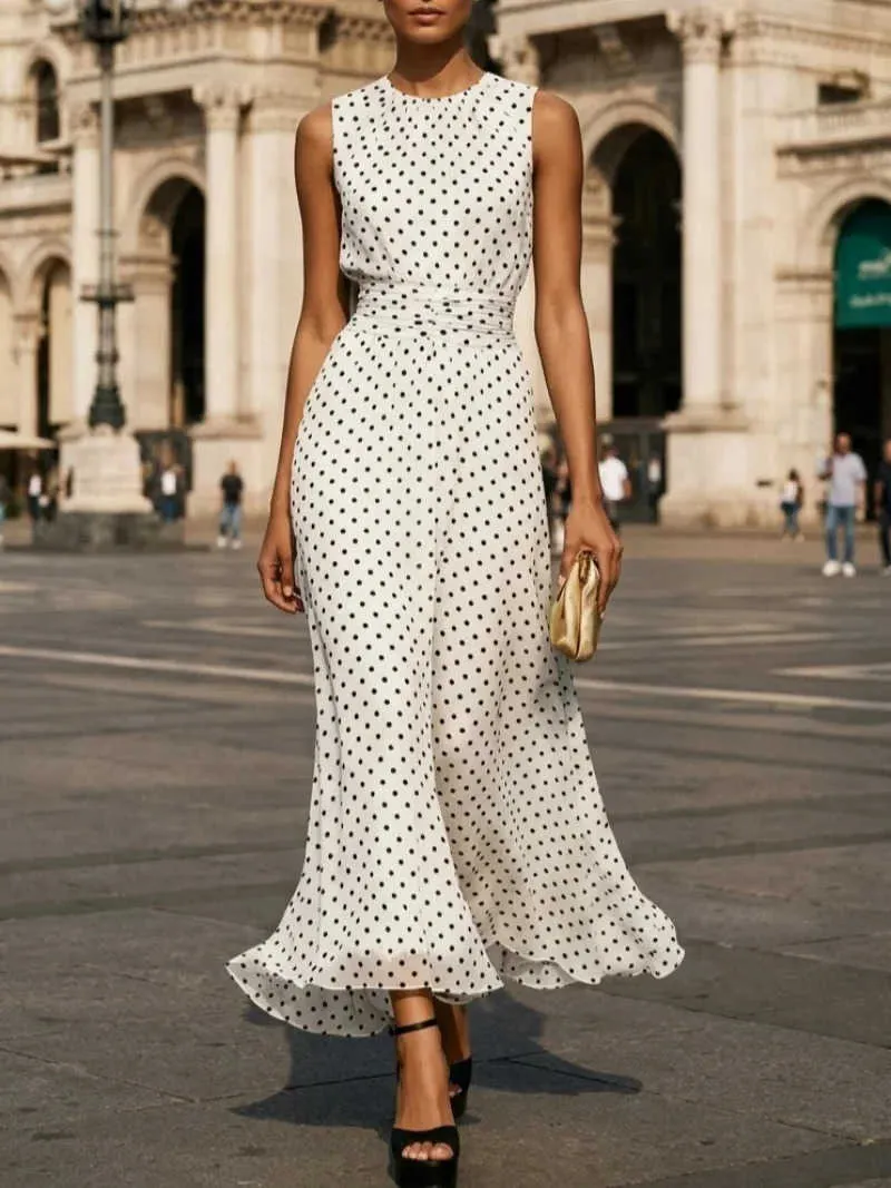 high neck flowy maxi dress Sleeveless Womens Polka Dot Dress, Chiffon Long for Summer Beach Party, Wedding Guest Dress Floral dress