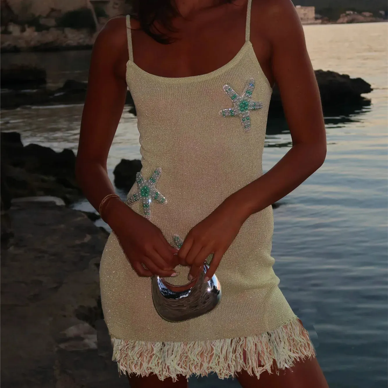 beaded starfish dress Womens Y2K Sequin Bodycon Mini Dress, Spaghetti Strap Cami with Tassel Hem, Scoop Neck, Slim Fit Beach Party Halter dress