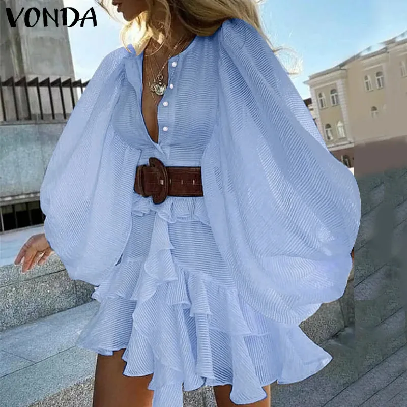 vonda lady dress Womens Casual Bohemian Sundress, Multi-Layer Ruffle, Loose Fit, Lantern Sleeves, Solid Color, 2026 Summer Beach outsidelands