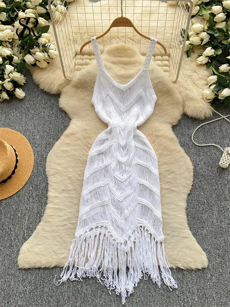 Bohemian Tassel Beach Dress, Summer Hollow-Out Sleeveless Slim Knit, Solid Color Casual Vintage Holiday Dress for Women