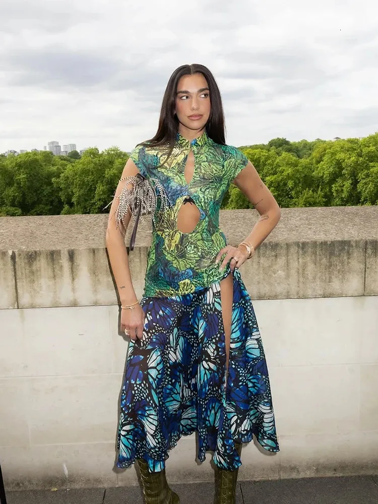 Butterfly Jungle Print Midi Dress With Mandarin... From Yiwang01, Rs.3,106.48