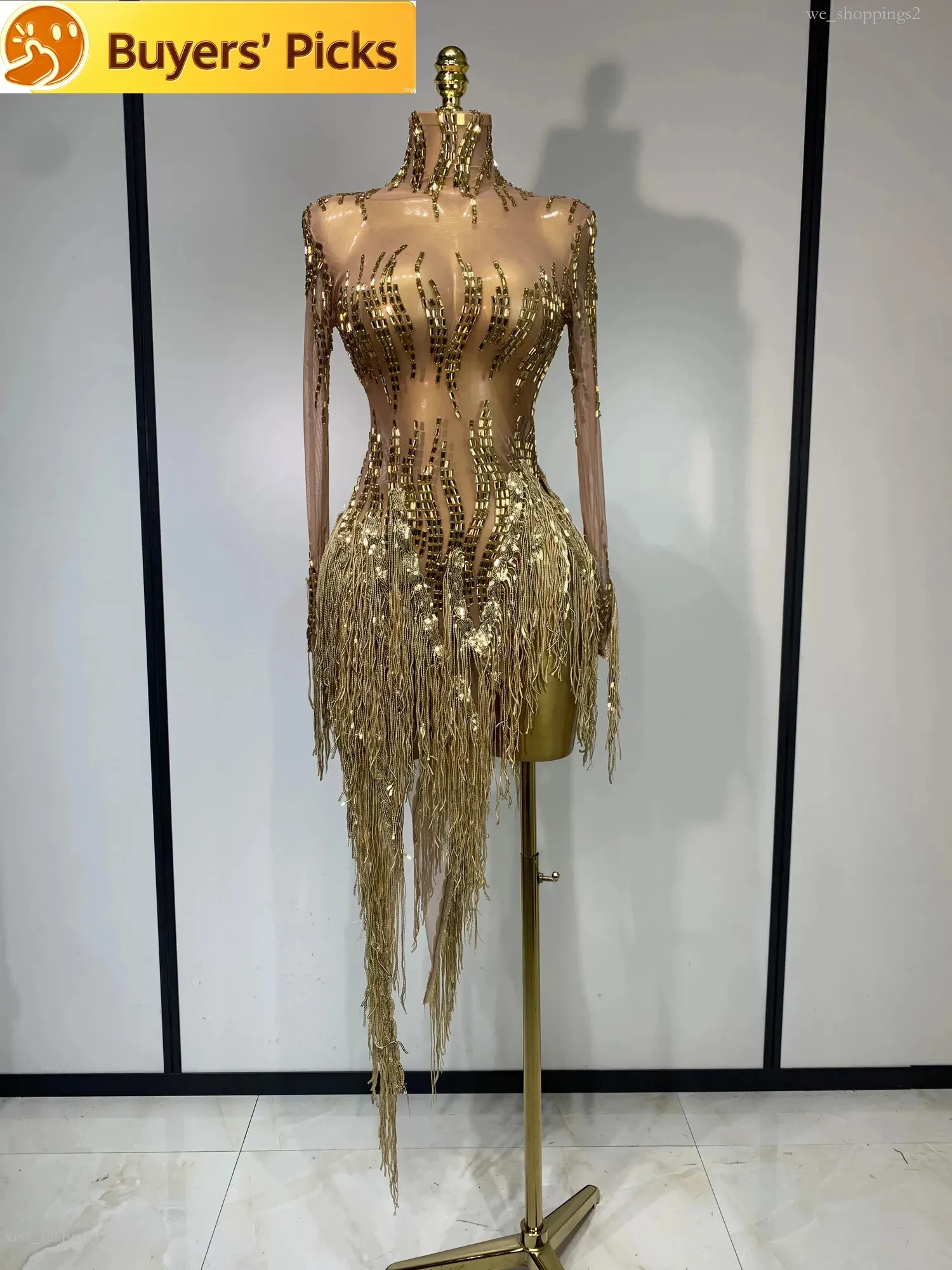 Sparkly Rhinestone Mesh Dress With Golden Tassels,... From Xixi_fashings, Rs.7,779.36
