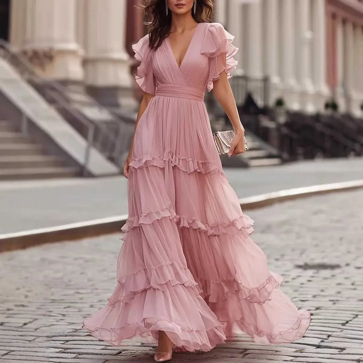 tiered maxi dress formal Womens Ruffled Dress, V-Neck, Short Flutter Sleeve, Flowy Chiffon Gown with Wrap Waist Achievebehavior