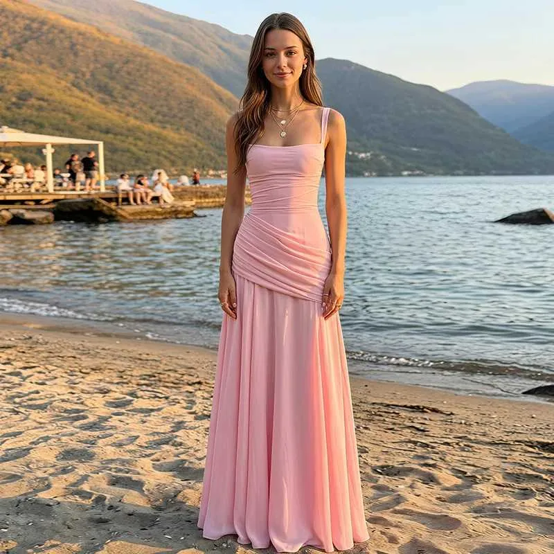 New Women Pink Spaghetti Strap Square Neck Ruched Floor Length Evening Dress Elegant Formal Wedding Guest Gown Prom Birthday S2607302NBV