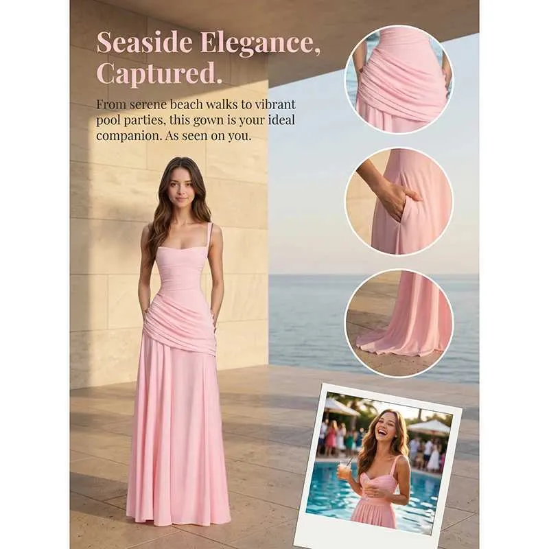 New Women Pink Spaghetti Strap Square Neck Ruched Floor Length Evening Dress Elegant Formal Wedding Guest Gown Prom Birthday S2607302NBV