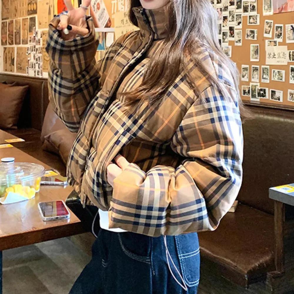 Womens Stand Collar Plaid Cotton Coat, Short Warm... From 