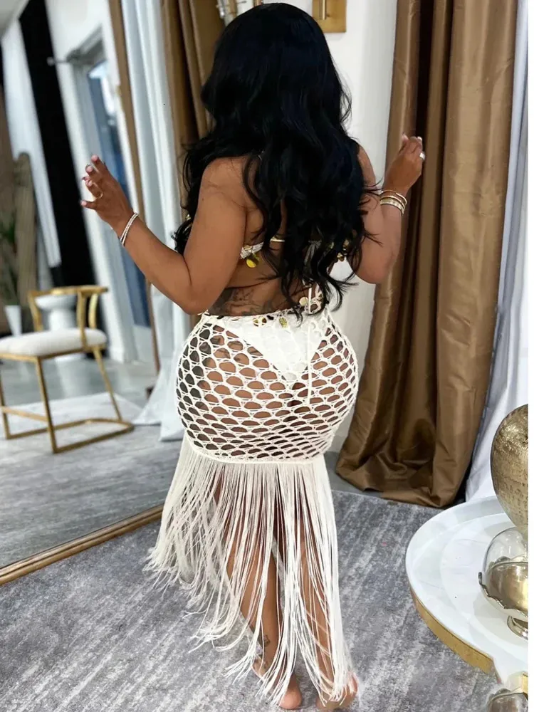 Sexy Crochet Fishnet Beach Dress for Women, Sequin Tassel Bikini Cover-Up, Summer Hollow Out Halter Maxi Bodycon Party Dress